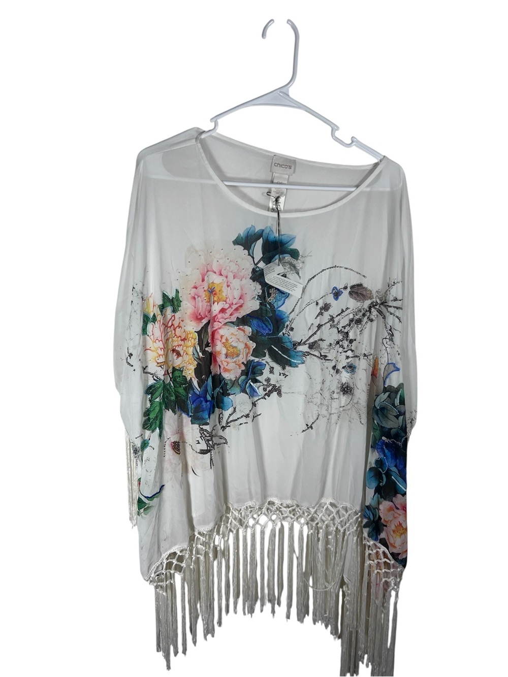 Chico's White Floral Fringe Poncho Top One Size